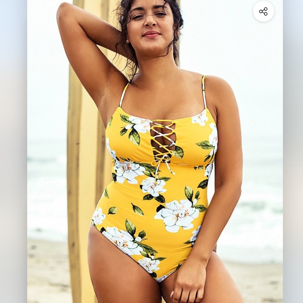 Yellow Floral Plus Size One Piece Swimsuit